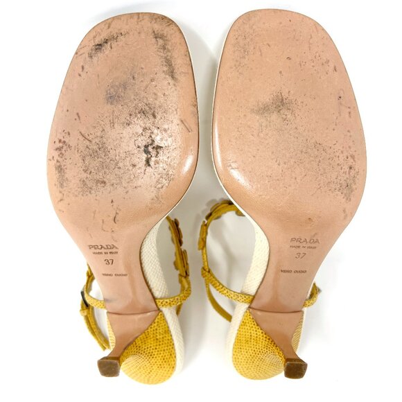 Vintage PRADA Y2K Floral Kitten Heels Size 37 | Yellow Woven Sandals - Picture 8 of 9